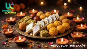 Colourful platter of Indian mithai including kaju katli and laddoos surrounded by small glowing diyas