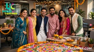 Office team in colourful ethnic wear posing together beside decorated desks and a bright rangoli