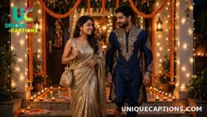 Woman in a shimmering saree and man in a festive kurta arriving together at a Diwali party entrance