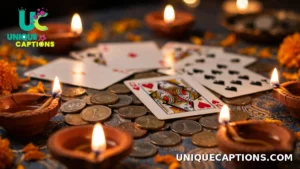 Close-up of playing cards, coins and glowing diyas arranged on a festive taash night table