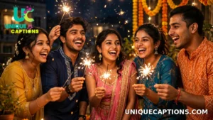 Young crowd in ethnic wear cheering together with sparklers at a Diwali party night