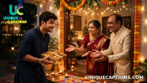 A friend arriving at a festively decorated home with a box of sweets and an apologetic smile