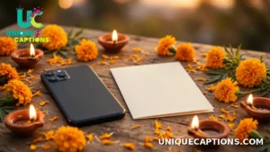 A smartphone and a completely blank Diwali greeting card beside glowing diyas on a festive table