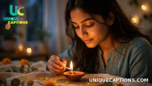 A friend lighting a diya with eyes closed in a quiet Diwali wish and prayer moment