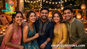 Friends in colourful ethnic wear posing together for an Instagram photo at a Diwali celebration