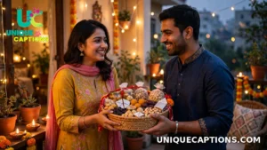 Two friends exchanging a Diwali gift hamper with glowing diyas nearby — Diwali Wishes for Friends to send with love