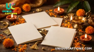 Elegant blank Diwali greeting cards arranged with glowing diyas and gold accents on a festive table
