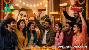 A big group of friends raising boxes of Diwali sweets together in a joyful group photo moment