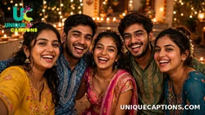 Young friends taking a cheerful Diwali group selfie with diyas and fairy lights sparkling behind them
