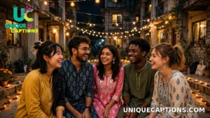 College friends celebrating Diwali in a hostel courtyard strung with fairy lights at night