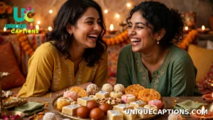 Best friends laughing together over a plate of Indian sweets at a cheerful Diwali get-together
