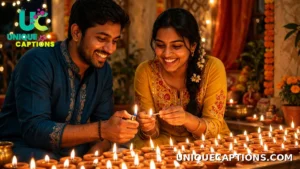 Friends lighting rows of clay diyas together at home during Diwali, faces glowing in the warm light
