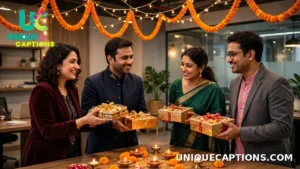 Colleagues exchanging boxes of sweets in an office decorated with marigolds and fairy lights for Diwali