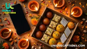 A smartphone beside glowing diyas and an open box of mithai on a festive Diwali table