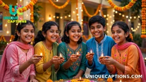 School friends in colourful festive clothes celebrating Diwali together at a school celebration