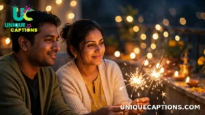 Old friends watching golden sparklers together on Diwali night with a nostalgic warm glow