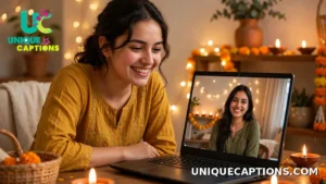 A smiling person on a video call at home with Diwali fairy lights and diyas glowing in the background