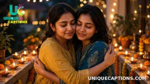Two close friends sharing a warm hug during a softly lit Diwali evening celebration
