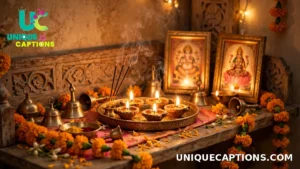 Home puja altar with an aarti thali, lit diyas and incense sticks