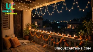 Balcony decorated with rows of diyas and warm fairy lights