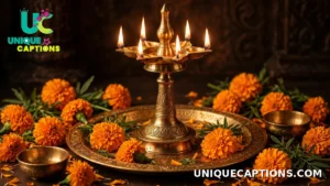 Traditional brass deepam lamp with marigold flowers arranged on a puja thali