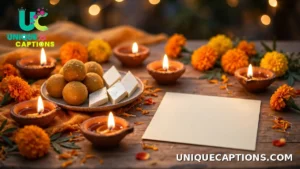 Diwali greeting scene with glowing diyas, sweets and a blank card on a table