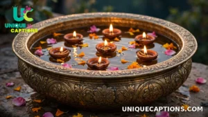 Diyas floating in a brass urli bowl filled with water and flower petals