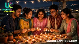 Friends lighting diyas together on a terrace at night