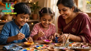 Children painting clay diyas with bright colours while their mother helps