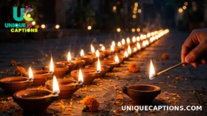 Many diyas being lit one after another in a long row at night