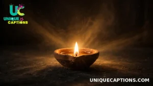 One diya glowing in a dark room with soft rays of light