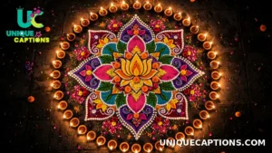 Colourful rangoli design ringed with lit diyas seen from above