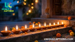 Glowing earthen diyas lined along a doorstep at dusk, perfect inspiration for Diya Captions for Instagram