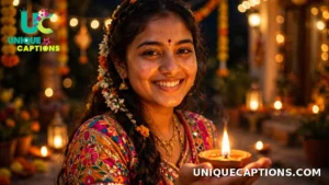 Young woman in ethnic wear smiling while holding a lit diya in her palm