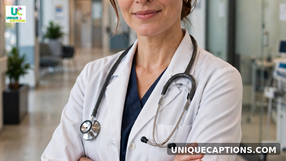 Instagram captions for doctors - confident doctor in white coat with stethoscope in a hospital corridor