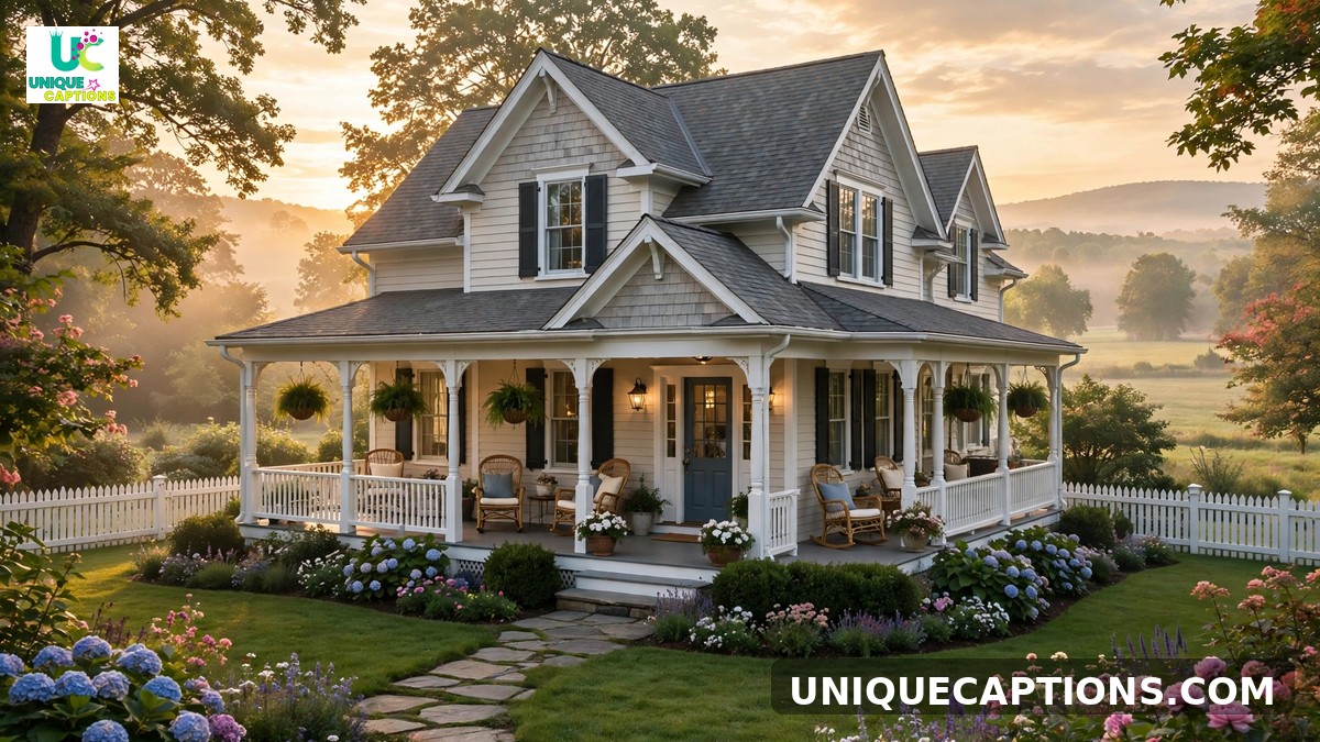 Dream home captions - picturesque house with wraparound porch and picket fence at sunrise