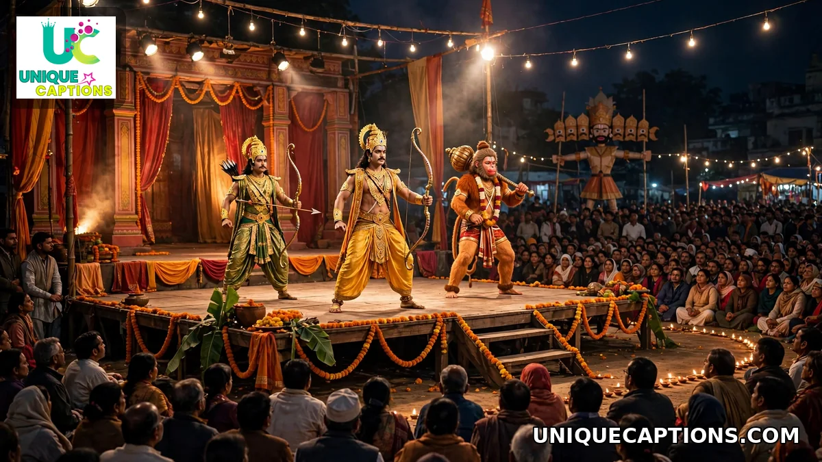 Ramlila stage performance with Ramayana actors under lights at night