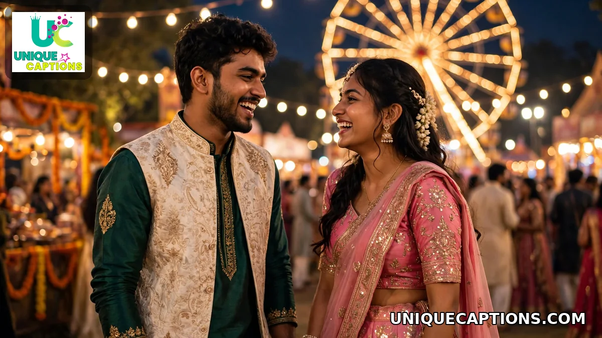 Indian couple in traditional attire at a Dussehra fair in the evening