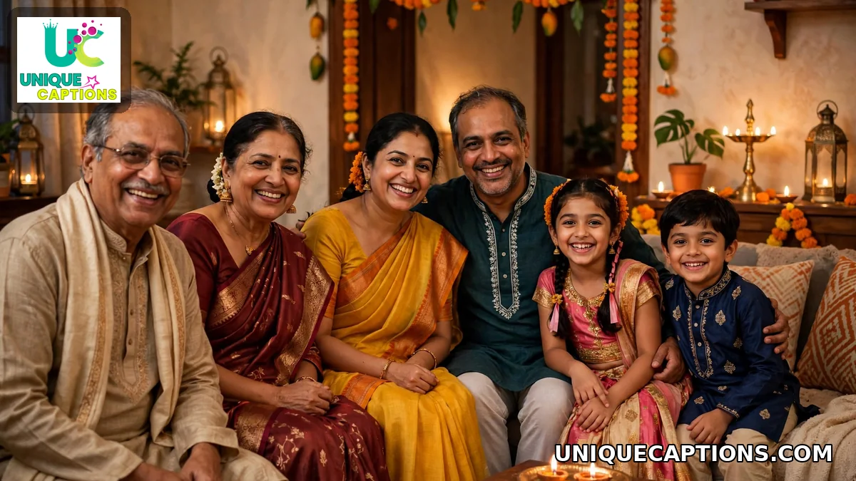 Indian family in festive clothes celebrating Dussehra together at home