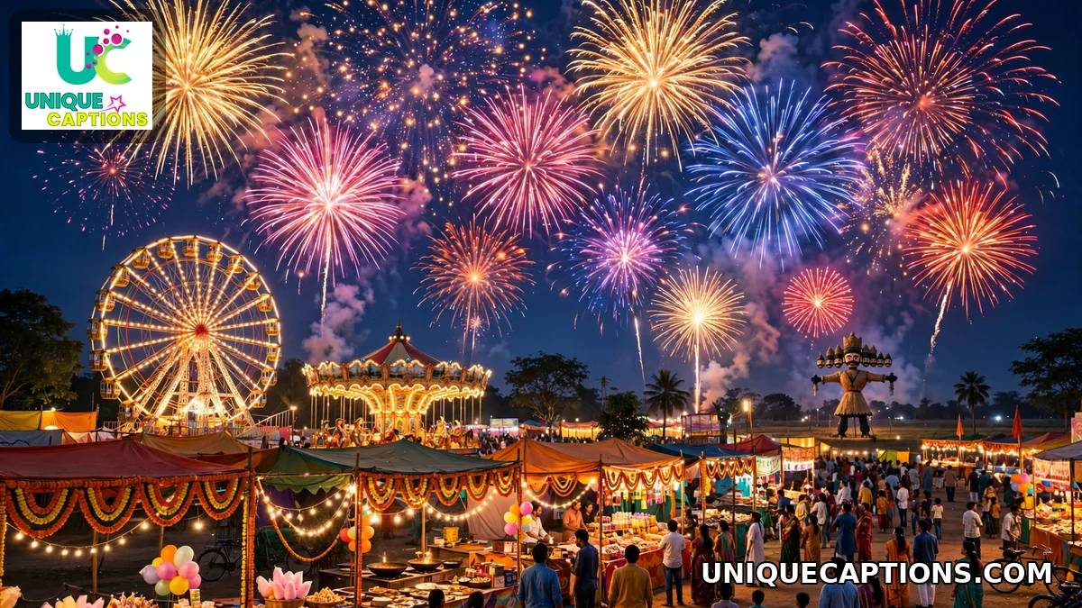 Fireworks bursting over a Dussehra fairground at night