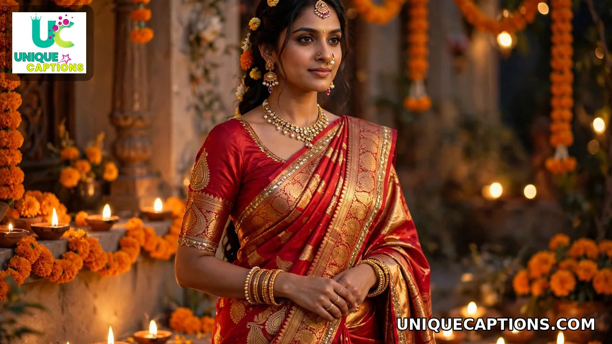 Woman in a red and gold silk saree with traditional jewelry for Dussehra