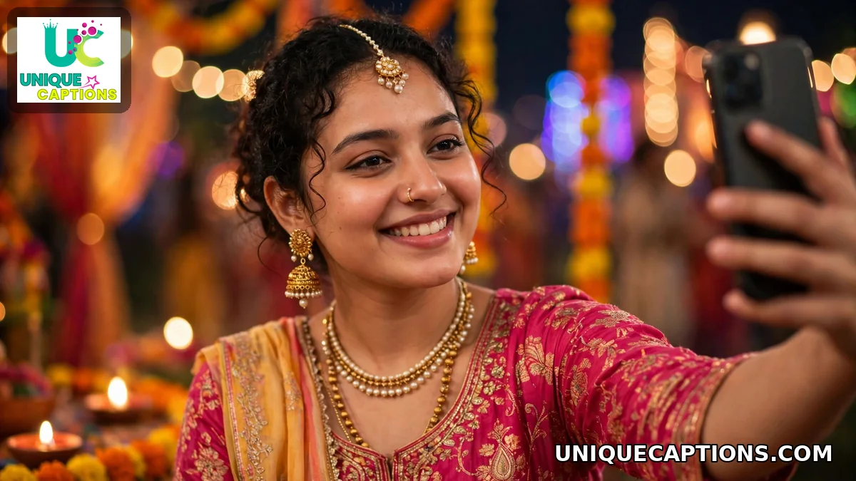 Young woman taking a selfie with Dussehra festival lights behind her
