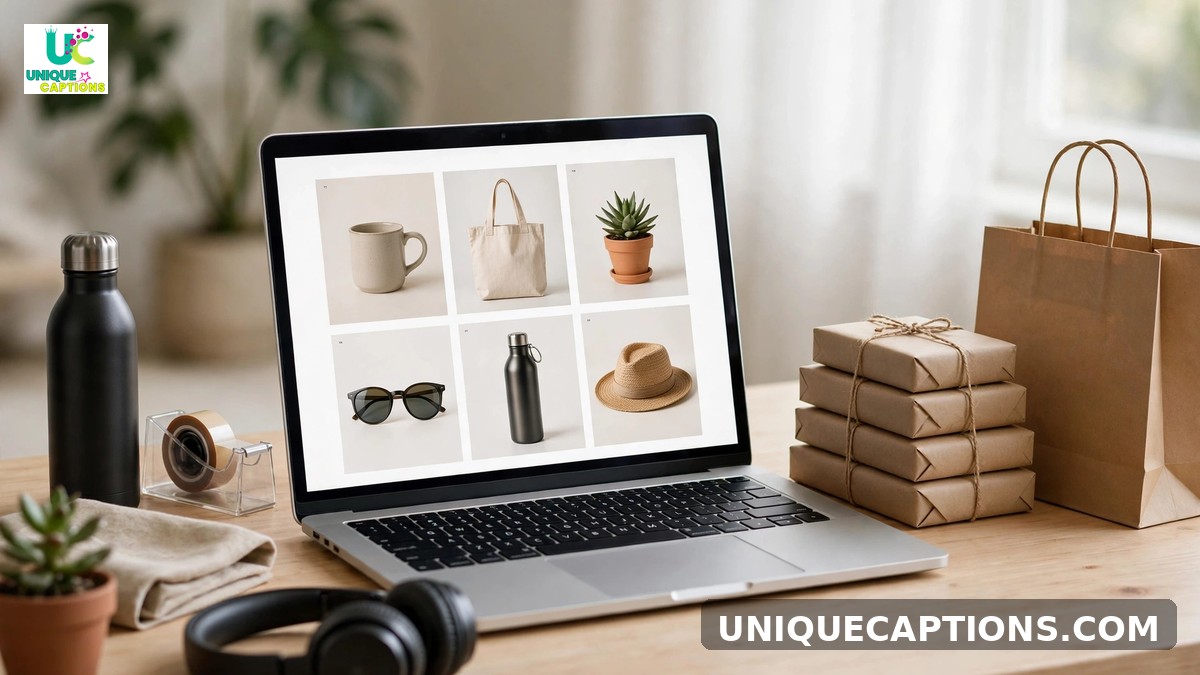 Instagram captions for ecommerce - online store owner workspace with laptop storefront and parcels