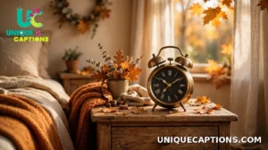 Fall Back Daylight Saving Captions - alarm clock on a nightstand in warm autumn morning light