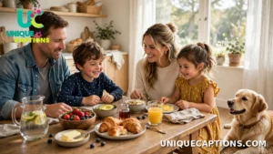 Family breakfast table in bright morning light during fall back weekend