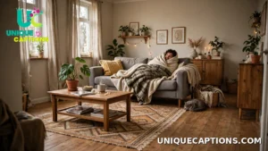 Person wrapped in blankets like a burrito on a couch on fall back morning