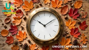 Wall clock surrounded by orange and red autumn leaves