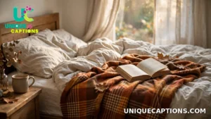 Cozy unmade bed with a fall blanket and an open book on a slow Sunday morning