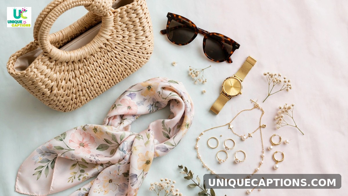 Fashion accessories captions - stylish handbag, sunglasses, watch, scarf and jewelry flat lay