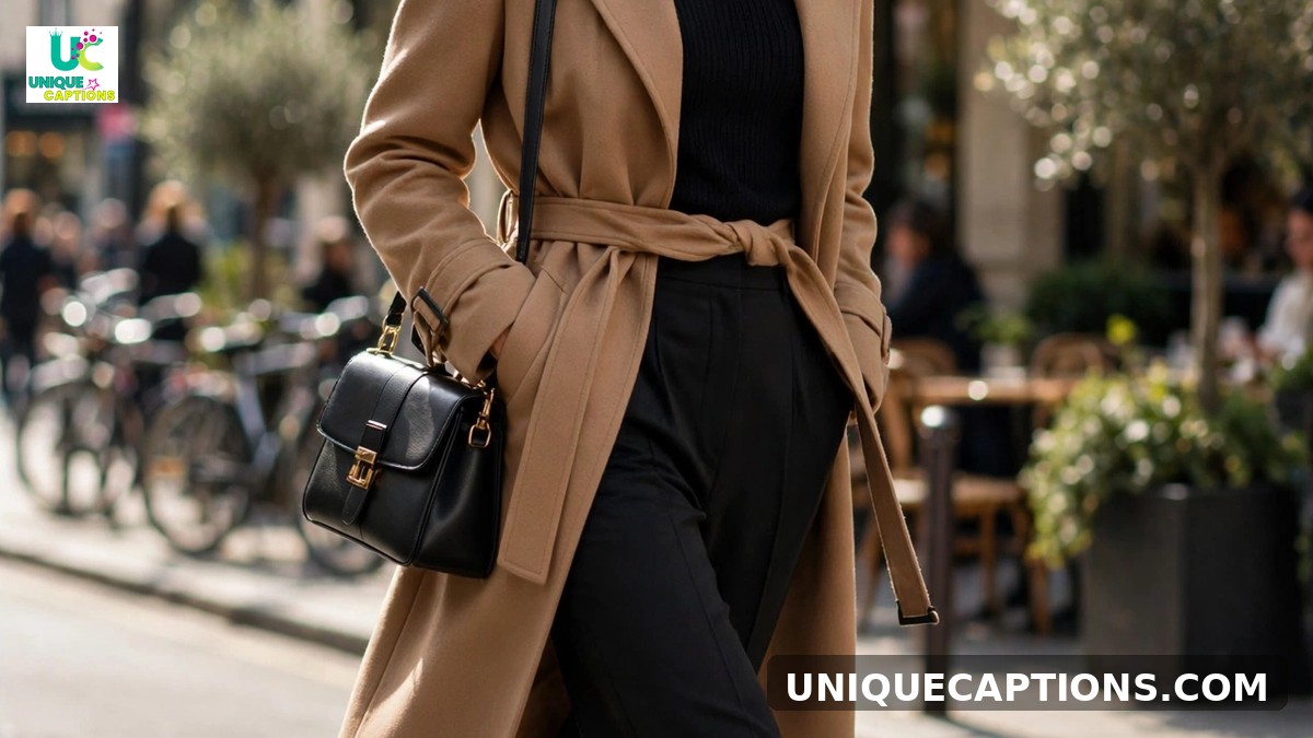 Fashion captions for Instagram - stylish woman in chic outfit walking on sunlit city street